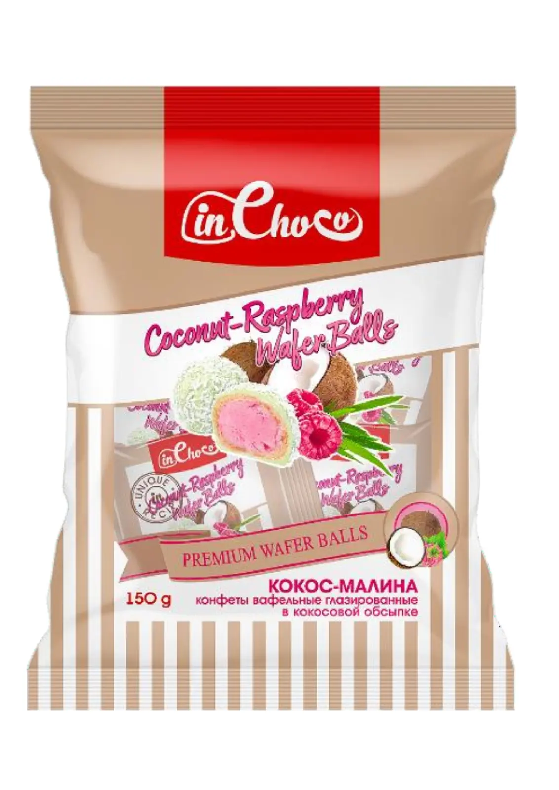 Конфеты вафельные глазированные с малиновым вкусом в кокосовой обсыпке Ин Чоко, 0.15 кг.