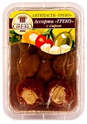 Ассорти с сыром (перчики, патиссоны, оливки) пласт.лоток Greko, 0.24 кг./0.12 кг.