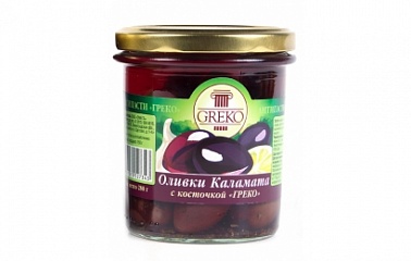 Оливки с косточкой Каламата 111-120 ст/б Greko, 0.28 кг./0.15 кг.