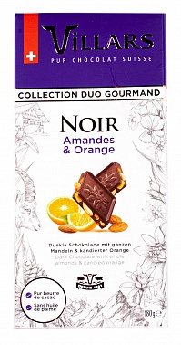Шоколад темный с цельным миндалем и цукатами из апельсиновых корочек 50% Villars, 0.18 кг.