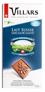 Шоколад молочный без сахара 33% Villars, 0.1 кг.