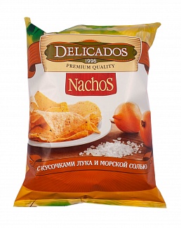 Чипсы кукурузные Nachos с кусочками лука и морской солью Delicados, 0.15 кг.