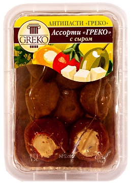 Ассорти с сыром (перчики, патиссоны, оливки) пласт.лоток Greko, 0.24 кг./0.12 кг.