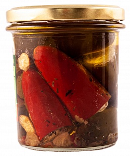 Перчики 4-5 см ассорти огненные красные/зеленые с сыром в масле ст/б Greko, 0.28 кг./0.15 кг.