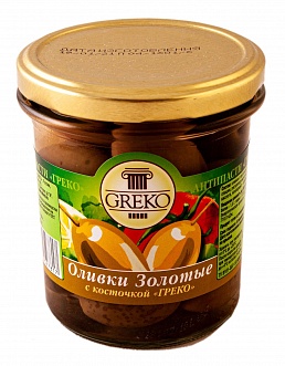 Оливки Золотые с косточкой ст/б Greko, 0.28 кг./0.15 кг.